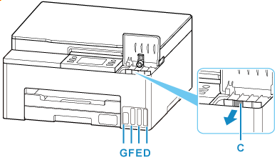 Εικόνα που δείχνει ανοιχτά καλύμματα δοχείων μελάνης